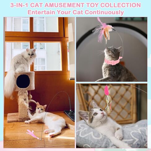 2Pcs Cat Collar Toy, Adjustable Cat Feather Neck Collar Toy Cat Teasing Wand with Silicone Collar, Funny Cat Stick, Interactive Self Playing Toys Bell for Indoor Cat Playing Small Animals(Blue, Pink) in Saudi Arabia
