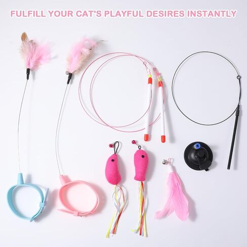 2Pcs Cat Collar Toy, Adjustable Cat Feather Neck Collar Toy Cat Teasing Wand with Silicone Collar, Funny Cat Stick, Interactive Self Playing Toys Bell for Indoor Cat Playing Small Animals(Blue, Pink) in Saudi Arabia