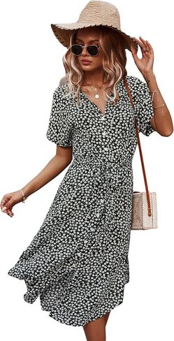 SOLY HUX Womens Summer Dress Casual Ditsy Floral Tie Front Button Up Boho Midi Tshirt Dresses in Saudi Arabia