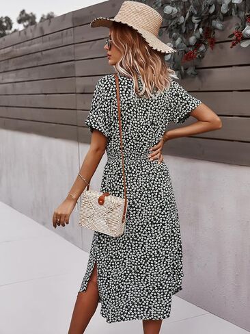 SOLY HUX Womens Summer Dress Casual Ditsy Floral Tie Front Button Up Boho Midi Tshirt Dresses in Saudi Arabia