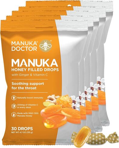 Manuka Doctor Cough Drops, Manuka Middles, 2 x 30 Drops (60 Count Family Pack) Throat Lozenges Infused with Raw Manuka Honey, Vitamin C & Ginger for Immune Support, Helps Soothe Sore Throat, 4.7 oz in Saudi Arabia