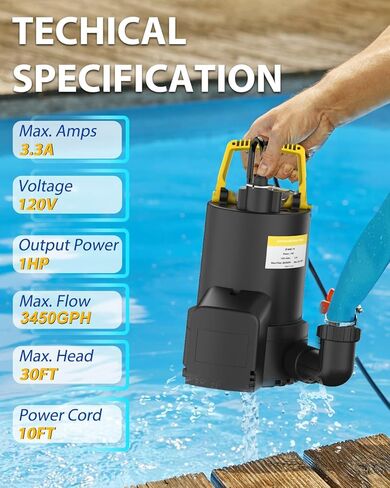 1 HP Submersible Water Pump, 3450 GPH Sump Pump with 10FT Cord, 120V Thermoplastic Electric Water Pump High Flow Water Removal for Swimming Pool Draining, Flooded House, Basement, Hot Tubs in Saudi Arabia