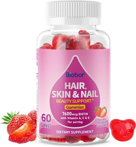 Natural Hair Skin and Nails Vitamins Gummies, 7600mcg Biotin Gummies for Women Men Beauty Support, Non-GMO, Gluten Free (Strawberry Flavor, 60 Count) in Saudi Arabia