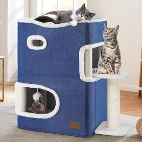 YIATHOME 2 Storey Cat House, Cat Beds for Indoor Cats, Small Cat Condo with Scratch Post and Hideaway Cave, Modern Cat Cube Playhouse for Multi Kittens, Extended Style, Brown