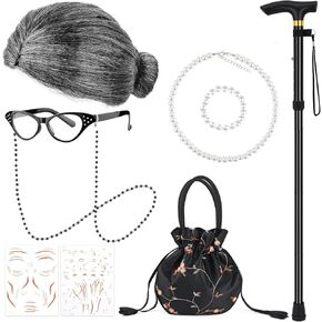 Matiniy 9 قطعة 100 يوم من زي سيدة المدرسة القديمة تشمل شعر مستعار نظارات قلادة سوار سلسلة النظارة حقيبة قصب وملصقات in Kuwait