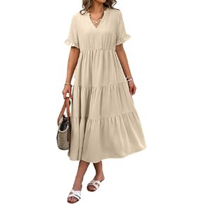Theenkoln Womens Casual Midi Dress: Short Sleeve V-Neck Empire Waist Gingham Spring Fashion Long Trendy Tiered Formal Dresses