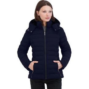 Nautica Women's Short Stretch Puffer Jacket with Fur Hood, Black