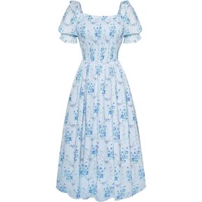 Scarlet Darkness Women's Victorian Cottagecore Dress Vintage Floral Short Sleeve Shirred Square Neck Maxi Dress