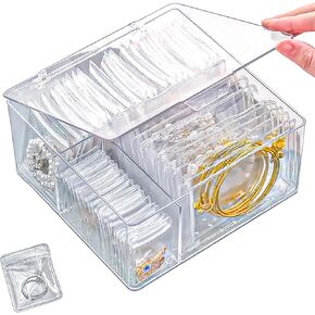Acrylic Jewelry Box Organizer with 50 Portable Anti Tarnish Jewelry Bags, Clear Jewelry Organizers and Storage, Travel Jewelry Case Organizers for Earrings Rings Necklaces for Women Girls