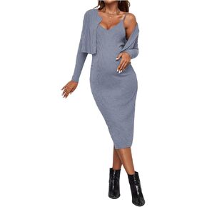 Verdusa Women's Maternity 2 Piece V Neck Long Cami Dress and Long Sleeve Cardigan