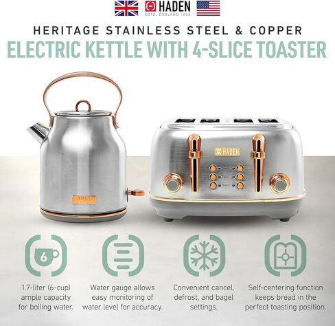Haden Heritage 4 Slice Wide Slot Toaster Bundled with 1.7 Liter Stainless Steel Retro Electric Kettle, Removable Crumb Tray, Steel/Copper in Kuwait