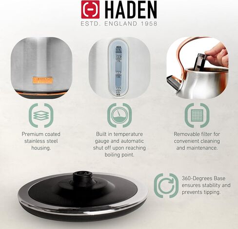 Haden Heritage 4 Slice Wide Slot Toaster Bundled with 1.7 Liter Stainless Steel Retro Electric Kettle, Removable Crumb Tray, Steel/Copper in Kuwait