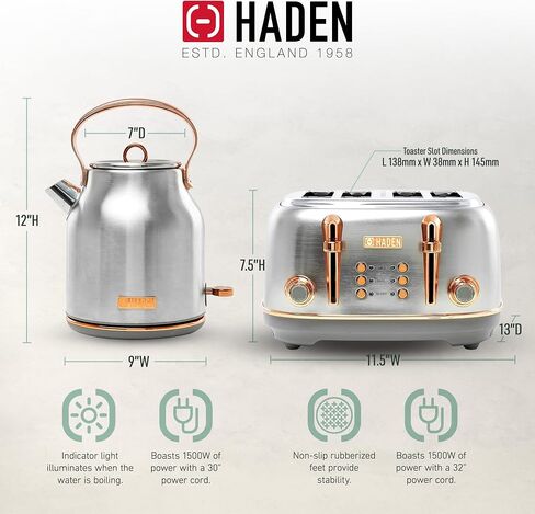 Haden Heritage 4 Slice Wide Slot Toaster Bundled with 1.7 Liter Stainless Steel Retro Electric Kettle, Removable Crumb Tray, Steel/Copper in Kuwait