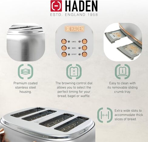 Haden Heritage 4 Slice Wide Slot Toaster Bundled with 1.7 Liter Stainless Steel Retro Electric Kettle, Removable Crumb Tray, Steel/Copper in Kuwait