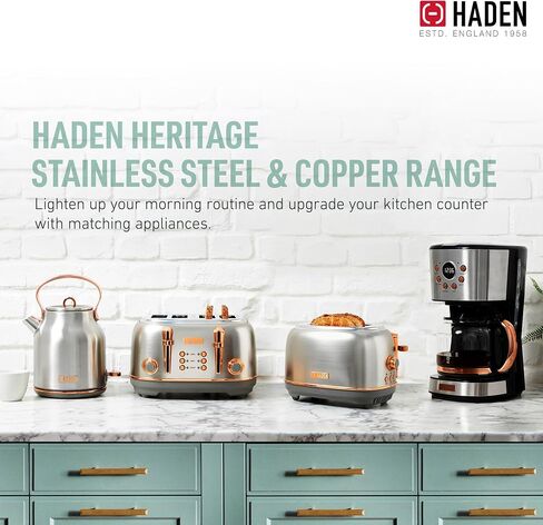 Haden Heritage 4 Slice Wide Slot Toaster Bundled with 1.7 Liter Stainless Steel Retro Electric Kettle, Removable Crumb Tray, Steel/Copper in Kuwait