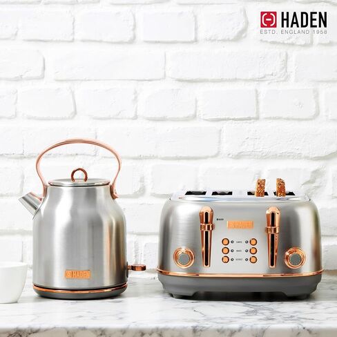 Haden Heritage 4 Slice Wide Slot Toaster Bundled with 1.7 Liter Stainless Steel Retro Electric Kettle, Removable Crumb Tray, Steel/Copper in Kuwait