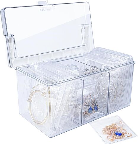 Acrylic Jewelry Box Organizer with 50 Portable Anti Tarnish Jewelry Bags, Clear Jewelry Organizers and Storage, Travel Jewelry Case Organizers for Earrings Rings Necklaces for Women Girls in Saudi Arabia