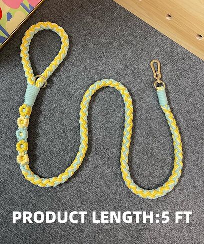 Handmade 5ft Braided Cotton Dog Leash with Unique Floral Handle, Durable and Stylish, Ideal for Small to Large Dogs, Rainbow Color in Kuwait