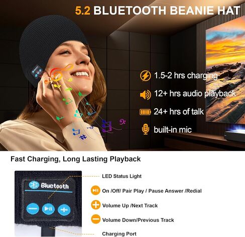 5.2 Bluetooth Beanie for Men & Women, Winter Knit Music Hat with Cordless Headphones, 24 Hour Play time, Built-in Microphone and HD Stereo Speakers, Unique Christmas Tech Gifts for Outdoor Homes in Saudi Arabia