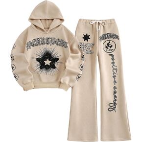 SweatyRocks Women's 2 Piece Outfit Letter Graphic Long Sleeve Hoodies and Sweatpants Sets