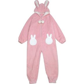Jilneed Cute Bunny Ears Onesie Pajamas for Women Adult Animal Rabbit Halloween Cosplay Zipper Fleece Cozy One Piece Costume