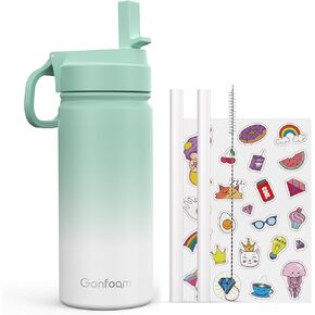 Kids Water Bottle, 16oz Kids Water Bottle with Stickers for School, insulated Stainless Steel Straw Cup(Blue/Gray)