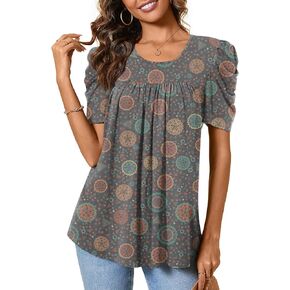 Anydeer Women Tunic Top Summer Short Puff Sleeve Chest Pleated T-Shirt Casual Blouse Loose Tee
