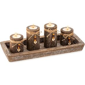 Farmhouse Coffee Table Decor Candle Holder - Romadedi Boho Wooden Tray with 4 Tealight Candles Holders for Tables Centerpiece Home Decorations Living Room Fireplace Whitewashed in Kuwait