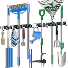 Mop and Broom Holder Wall Mount - Garden Tool Organizer Storage Racks Stainless Steel Heavy Duty Utility Hooks for Home Kitchen Laundry Garage System Closet