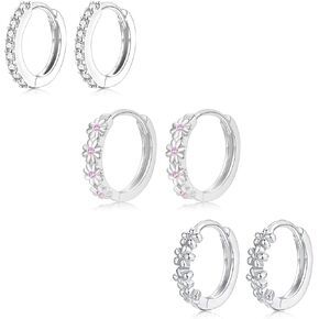 EPIRORA Sterling Silver Earrings for Women Girls, 3 Pairs 14K White Gold Plated Cubic Zirconia Huggie Hoops Pearl Hoops Set, 8mm Small Cartilage Earrings, Silver