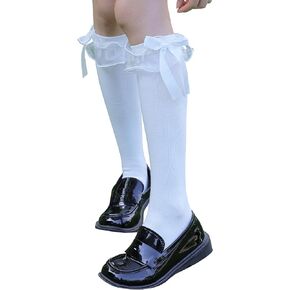 SRYL Women Girl's Cotton Knee High Socks with Lace Ruffle Trim Socks, Calf Socks Bow Style…