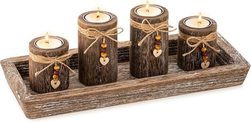 Farmhouse Coffee Table Decor Candle Holder - Romadedi Boho Wooden Tray with 4 Tealight Candles Holders for Tables Centerpiece Home Decorations Living Room Fireplace Whitewashed in Kuwait
