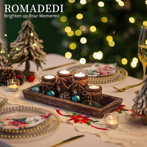 Farmhouse Coffee Table Decor Candle Holder - Romadedi Boho Wooden Tray with 4 Tealight Candles Holders for Tables Centerpiece Home Decorations Living Room Fireplace Whitewashed in Kuwait