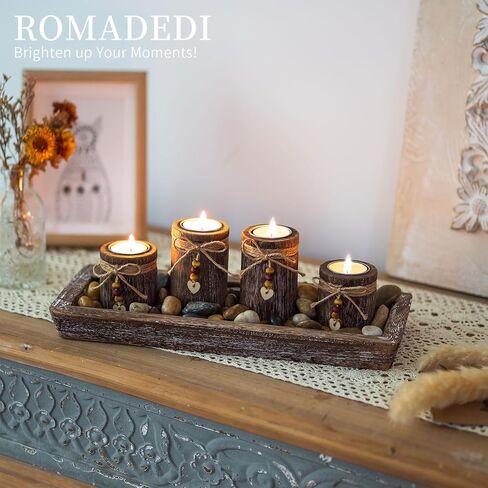 Farmhouse Coffee Table Decor Candle Holder - Romadedi Boho Wooden Tray with 4 Tealight Candles Holders for Tables Centerpiece Home Decorations Living Room Fireplace Whitewashed in Kuwait
