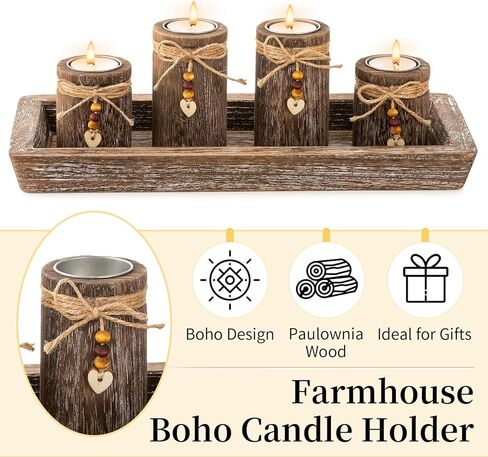 Farmhouse Coffee Table Decor Candle Holder - Romadedi Boho Wooden Tray with 4 Tealight Candles Holders for Tables Centerpiece Home Decorations Living Room Fireplace Whitewashed in Kuwait
