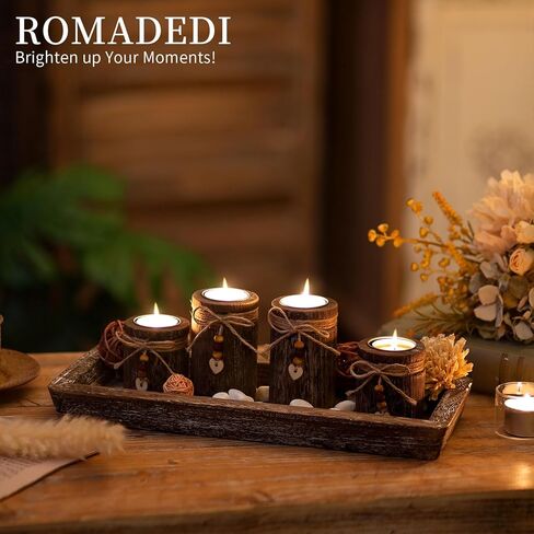 Farmhouse Coffee Table Decor Candle Holder - Romadedi Boho Wooden Tray with 4 Tealight Candles Holders for Tables Centerpiece Home Decorations Living Room Fireplace Whitewashed in Kuwait