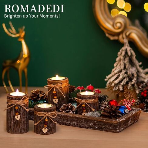 Farmhouse Coffee Table Decor Candle Holder - Romadedi Boho Wooden Tray with 4 Tealight Candles Holders for Tables Centerpiece Home Decorations Living Room Fireplace Whitewashed in Kuwait