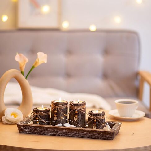 Farmhouse Coffee Table Decor Candle Holder - Romadedi Boho Wooden Tray with 4 Tealight Candles Holders for Tables Centerpiece Home Decorations Living Room Fireplace Whitewashed in Kuwait