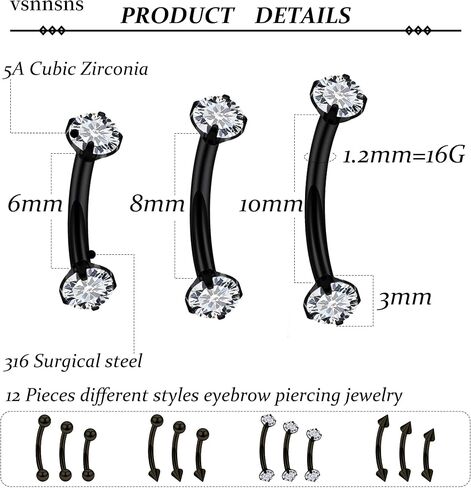 Vsnnsns 16G Rook Daith Piercing Jewelry Surgical Steel 8mm Curved Barbell Eyebrow Rings Helix Tragus Belly Lip Rings CZ Piercing Jewelry Kit Cartilage Daith Rook Earrings for Women Men 12pcs in Kuwait