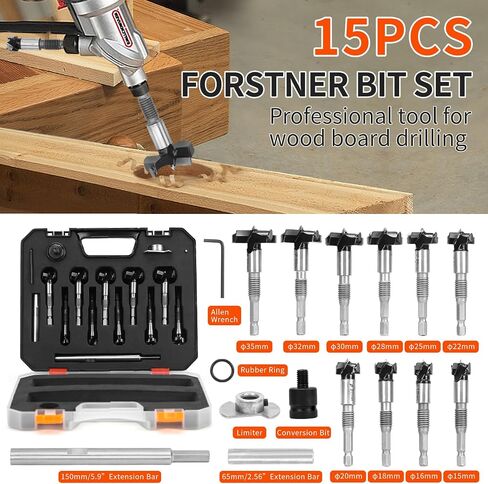 Upgraded 10pc Forstner Drill Bit Set,Threaded Design for Connection Extension Bar with Woodworking Limiter and Impact Wrench Conversion Bit for Softwood,Plywood(Metric) in Saudi Arabia