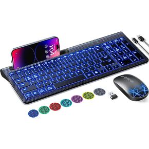 Wireless Keyboard and Mouse, Rechargeable, Adjustable 7 Color Backlight, Ergonomic, Quiet, with Phone Holder, 2.4G Stable Connection Slim Mac Keyboard and Mouse