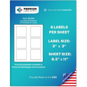 Premium Label Supply White Sticker Square Labels – 3" x 3" – Laser/Inkjet Compatible – (6 Labels/Sheet), 25 Sheets – 150 Total Adhesive Labels