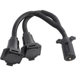 7-Pin Trailer Y Splitter Plug for Connecting Slide in Truck Camper and Trailer, Male 7-Way to Dual 7-Way Blade Female Connector, 20" Truck-to-Camper Y Adapter