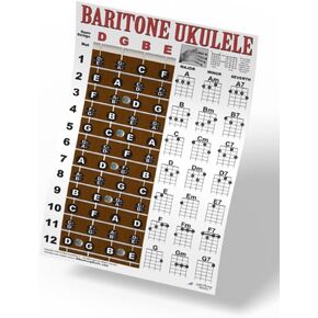 Baritone Ukulele Fretboard Notes & Easy Beginner Chord Chart Instructional Poster for Bari Uke by A New Song Music 11"x17"