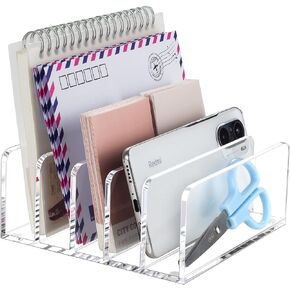 BEYGORM Acrylic Mail Holder, Clear Desk Organizer with Divider, Vertical Letter Sorter for Desktop, 5 Compartments Modern Office Home Envelope Organizer for Bill, Document, Notebook