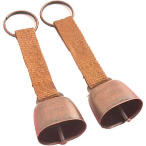 2 Pack Small Cow Bell for Dog Collar, Loud Bear Bells with Leather Button Strap, Cow Horse Sheep Grazing Copper Bells, Pet Brass Bells Tracker Noise Maker, Bronze Bell for Crafts