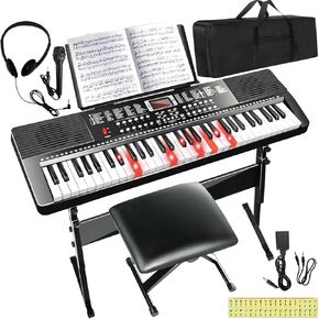 61 Key Keyboard Piano for Beginners Electric Piano Keyboard Music Keyboard w/Stand, Bench, Microphone, Headphones, Piano Bag,Note Stickers,Light Up Keyboard, LED Screen, Dual-Speakers