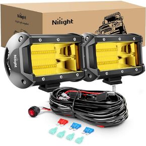 Nilight - ZH304 Led Light Bar 2PCS 5Inch 72W 10800Lumens Yellow Flood Beam Fog Driving Lamps Off-Road Lights with 16AWG Wiring Harness Kit-2 Lead, 2 Year Warranty