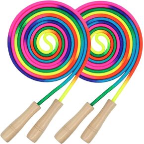 16 FT Long Jump Rope for Kids, 2 Pack Adjustable Double Dutch Skipping Rope with Wooden Handle, Multiplayer Rainbow Jumping Rope for Outdoor Fun, School Sport, Party Game