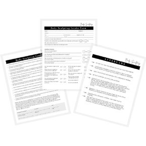Body Sculpting Intake, Consent, and Aftercare Form | Printed Physical 8.5 x 11" Forms | Clients Signature | White and Black Design